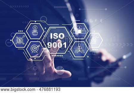 Concepts About Iso 9001. Businessman Pressing On Virtual Screen About Quality Management System. Cus