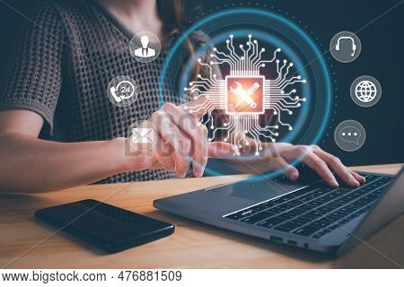 Businesswoman Hand Touching Service Support Customer Help Call Center Business Technology Button On 