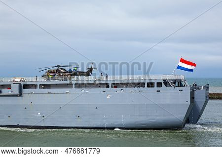 Rotterdam, Netherlands - 03.20.2021 - The Dutch Warship Hnlms Rotterdam With A Helicopter On Board I