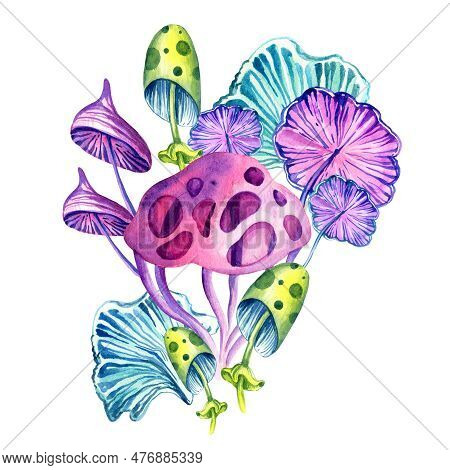 Watercolor Composition Of Fantastic Cosmic Mushrooms And Stas On White Background, Hand Draw Illustr