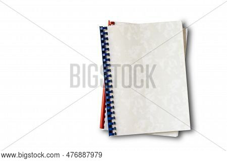 Top View Of Old Plastic Ring Binding Notepad Paper Files Isolated On White Background With Clipping 