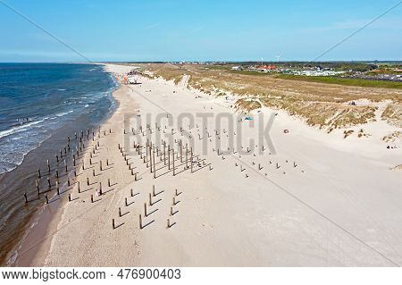 Drone View Of The Pole Village Aty The Beach Near  Petten The Netherlands