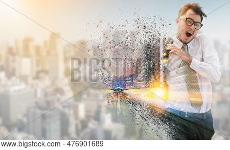 Double Exposure Surreal Image Of Businessman Running Fast In The City With Modern Buildings Cityscap