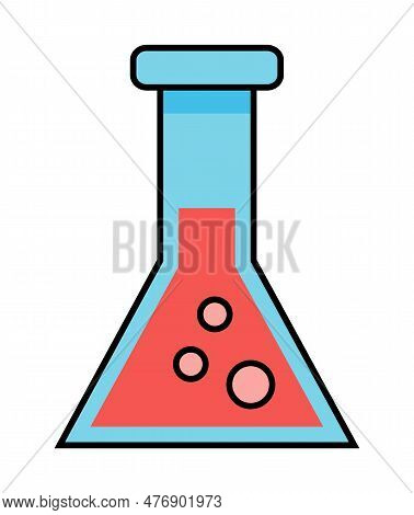 Cartoon Laboratory Conical Bulb With Bubbles Isolated At White. Web Icon Of Flask With Boiling Liqui