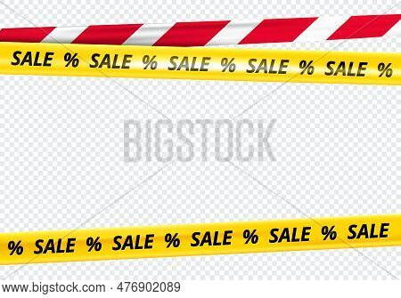 Yellow Tape Line For Sale Banners. Attention Ribbons Design For Discounts Ad, Black Friday Posters A