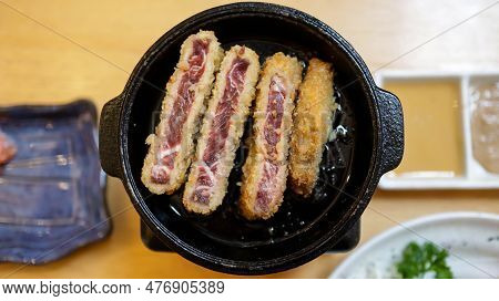 Gyukatsu Or Gyu Katsu Is A Crispy Deep Fried Rare Beef Cutlet Served With Hot Mini Grill, From Nice 