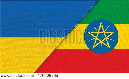 Flag Of Ukraine And Ethiopia - 3d Illustration. National Symbols Of Ukraine And Ethiopia. Ukrainian 