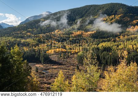 Snow Covered 12,467 Foot Mount Nast, Rises Above The Frying Pan River Valley With Changing Leaves Of