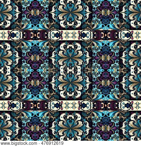 Ornamental Victorian Seamless Wallpaper In Roccoco Style. Repeat Tile Of Ornate Botanical Baroque De