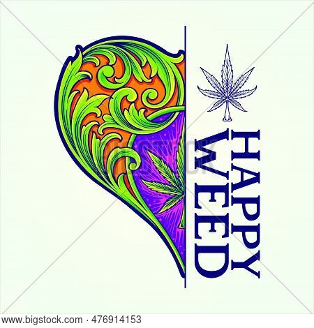 Old Engraving Ornament Half Heart Shape With Marijuana Leaf Illustrations Vector Illustrations For Y