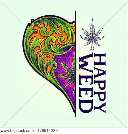 Old Engraving Ornament Half Heart Shape With Marijuana Leaf Illustrations Vector Illustrations For Y