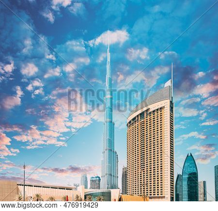 View Of Hotel Address Dubai Marina, Dubai Mall And Burj Khalifa Against Dramatic Sky. View Of Landma