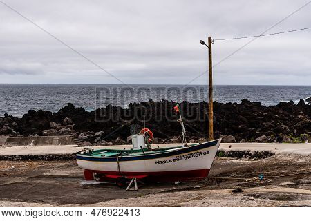 Biscoitos, Portugal - July 1, 2022: Fishing Boat At The Dock Of The Small Harbor. Terceira Island, A