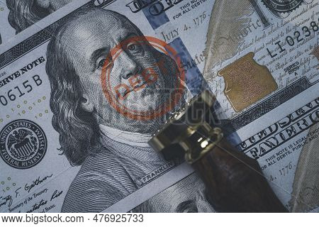 Benjamin Franklin Face From Usd Dollar Banknote With Stamping Debt Wording For America's Public Debt