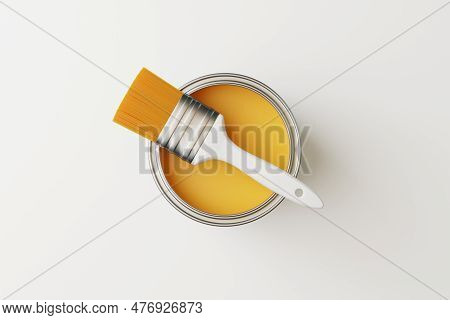 An Open Can Of Paint And A Brush On A White Background. Top View. Repair Concept. 3d Rendering Illus