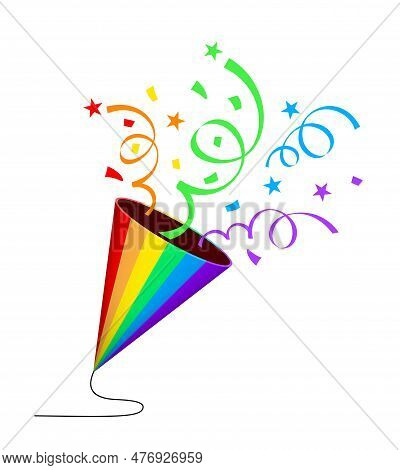 Exploding Party  Popper For Pride Month. Vector For Crackers With Serpentine Sparkles For Festive Co