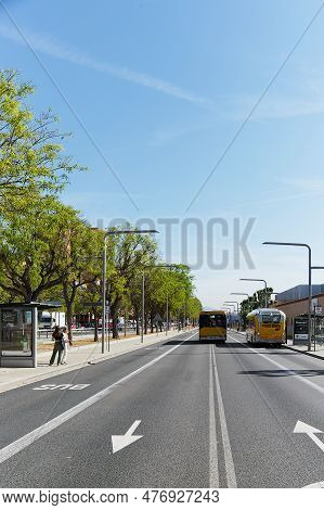 Gava - May 28, 2023: Citizen Public Transport In Streets Empty Of Traffic