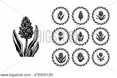 Linotype Floral Icon Collection In Whimsical Vector Art. Decorative Foliate Design For Rustic Botany