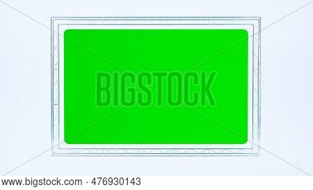3d Render Of Metallic Structure With Green Scren In The Middle On White Background,