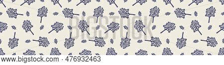 Quirky Forest Tree Blue Motif Vector Border. Seamless Decoration Of Whimsical Woodland Botanical Des