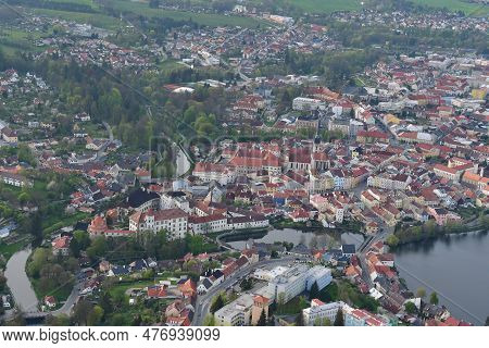 View From A Hot Air Balloon On The Historic Center Of Jindrichuv Hradec, South Bohemia, Czech Republ