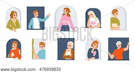 People Looking, Peeping And Hiding. Cartoon Curious Expressions, Teenagers Behind Wall And Windows. 