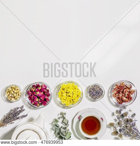 Healing Herbal Tea With Wild Plants And Flowers. Home Herbal Apothecary Concept. Sustainable Still L
