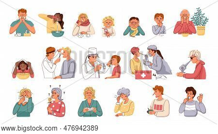 Nasal Diseases Flat Set Of Ill Human Characters With Seasonal Allergies Contagious Flu Or Viral Infe