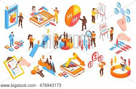 Isometric Sociology Science Icons Set With Statistical Data And Opinion Poll Symbols Isolated Vector