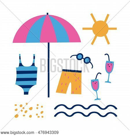 Doodle With A Sea Mood. Flat Cartoon Illustration Sea, Swimsuit, Swimming Trunks, Sun Umbrella, Hear