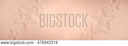 Summer Vacation Concept Banner With Starfish Trace On A Sand Surface. Summerbackground Good For Seas
