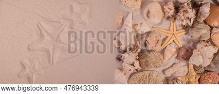 Summer Vacation Concept Banner With Starfish Trace On A Sand Surface. Summerbackground Good For Seas