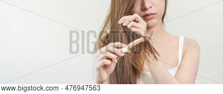 Damaged Hair, Frustrated Asian Young Woman, Girl Hand In Holding Brush Splitting Ends Messy While Co