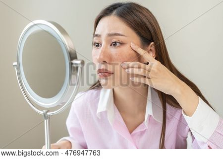 Dermatology, Expression Face Worry Asian Young Woman Looking Mirror Hand Touch Facial At Dark Spot O