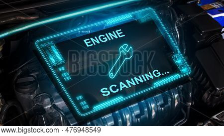 Engine Scanning Interface Display On The Car Engine Compartment, Automotive Maintenance Service Conc