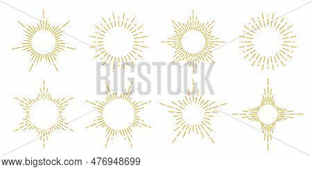 Gold Sunburst Frames Set. Retro Sun Light Rays Collection. Vintage Golden Radial Rays, Sunbeams, Fir