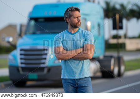Men Driver Near Lorry Truck. Man Owner Truck Driver Near Truck. Handsome Middle Aged Man Trucker Tru