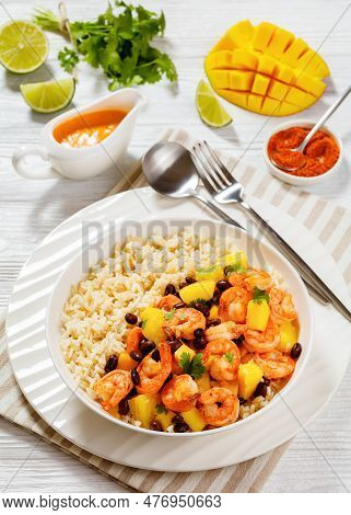 Caribbean Grilled Shrimps With Black Beans, Mango Pineapple Salsa Served With Brown Rice In White Bo