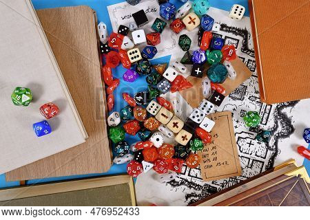 Colorful Tabletop Role Playing Rpg Game Dices And Rule Books