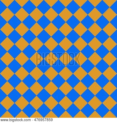 Chessboard Pattern In Blue-yellow Contrasting Colors. A Chess Drawing In A Turn. Diamond-shaped Back