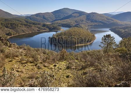 Melero Meander Mountain And River Landscape In Extremadura, Spain