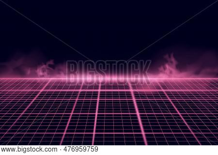 Wireframe Perspective Grid With Pink Smoke. Abstract Background. Vector Illustration