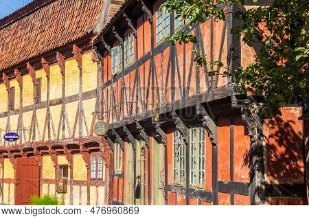 Arhus, Denmark - September 01, 2021: Half Timbered Colorful Facades In The Historic Old Town Of Aarh