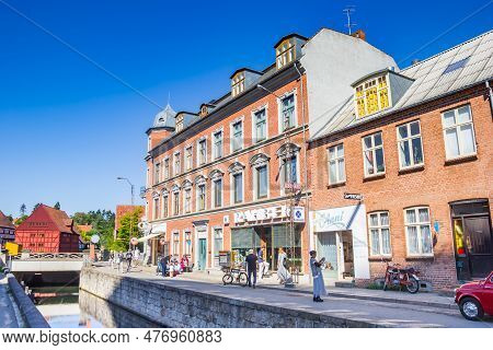 Arhus, Denmark - September 01, 2021: Historic Houses At The Quayside Of The Canal In The Od Town Of 