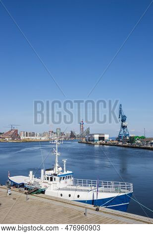 Arhus, Denmark - September 01, 2021: Boat At The Quaside In The Harbor Of Aarhus, Denmark