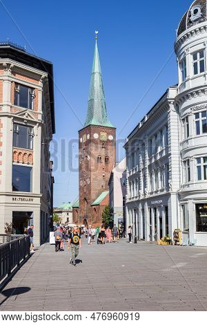 Arhus, Denmark - September 01, 2021: Shopping Street In The Historic Center Of Aarhus, Denmark