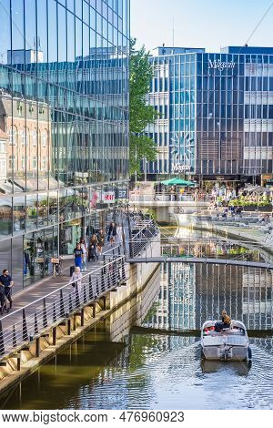 Arhus, Denmark - September 01, 2021: Small Boat On The River In The City Center Of Aarhus, Denmark