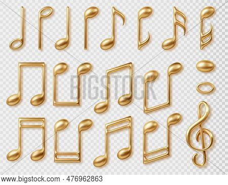 Gold Music Notes 3d Symbols Set. Vector Realistic Icon Collection Of Classic Music Symbol Isolated O