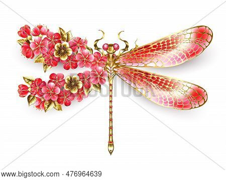Artistically Drawn, Gold, Jeweled Dragonfly With Red And Wings Decorated With Red, Blooming, Jeweled