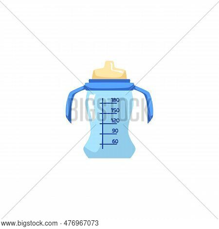Baby Bottle With Nipple And Handles For First Self-feeding, Flat Vector Isolated.